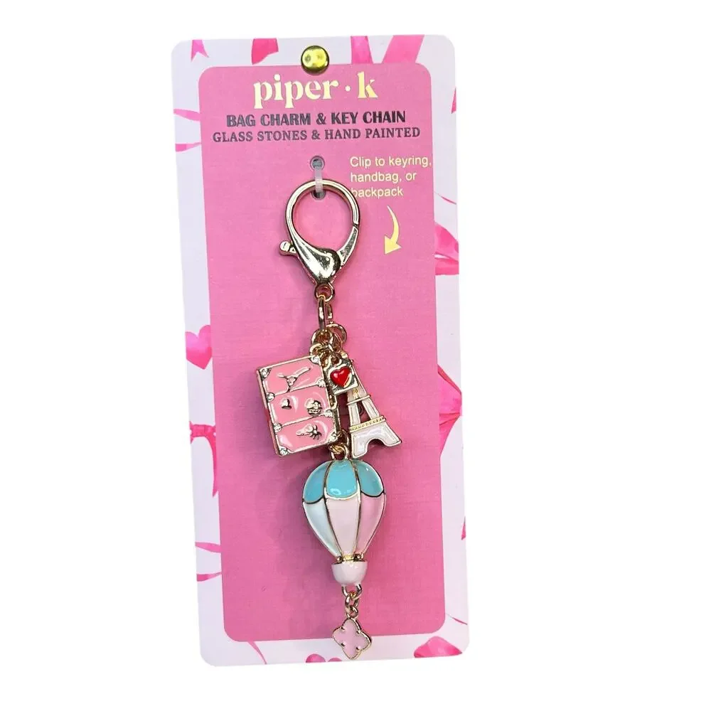 Piper K Viral Paris Travel Bag Charm & Keychain NWT Gold Pink Bling - Picture 1 of 6